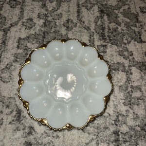VTG Anchor Hocking Deviled Egg Plate White Milk Glass Gold Trim 12 Eggs Tray EXC